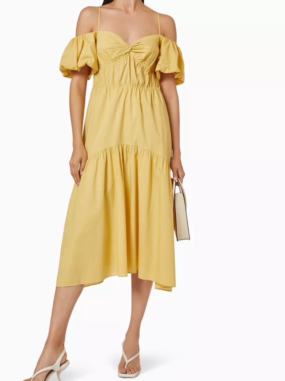 Vince Yellow Cotton Off-Shoulder Midi Dress with Puff Sleeves